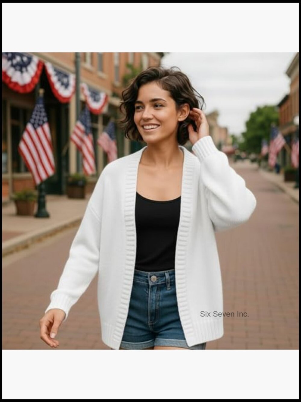 Long Sleeve Lightweight Knit Cardigan Oversized Patched American Flag - Picture 7 of 7